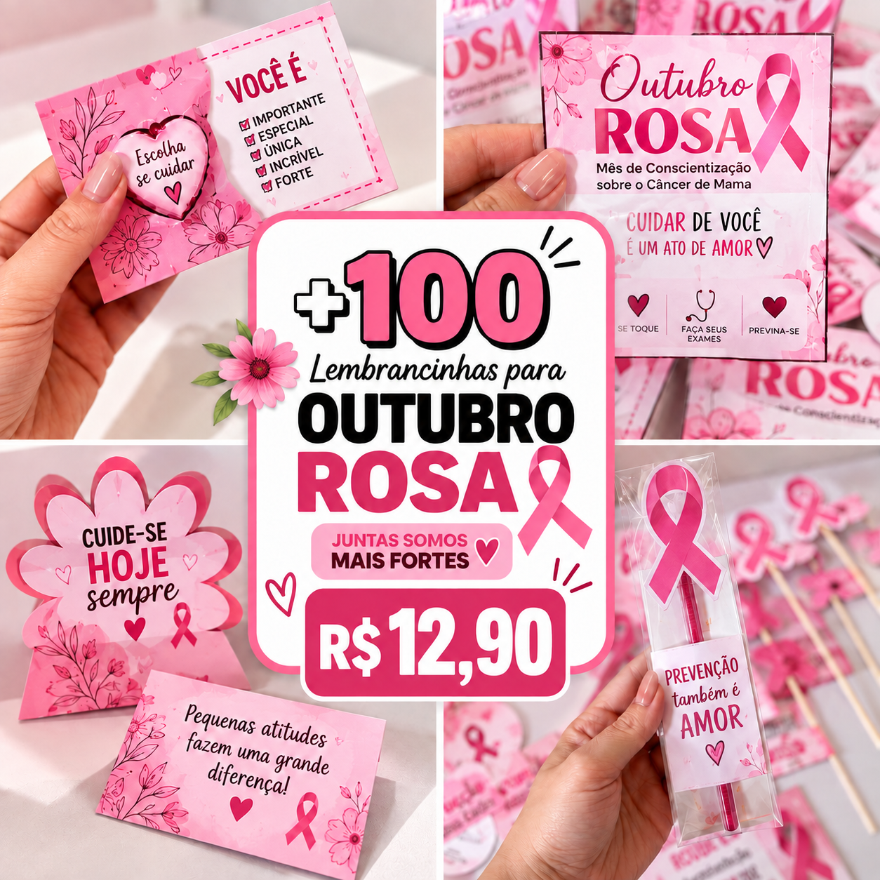 Mockup do Kit Básico Outubro Rosa com valor de R$12,90