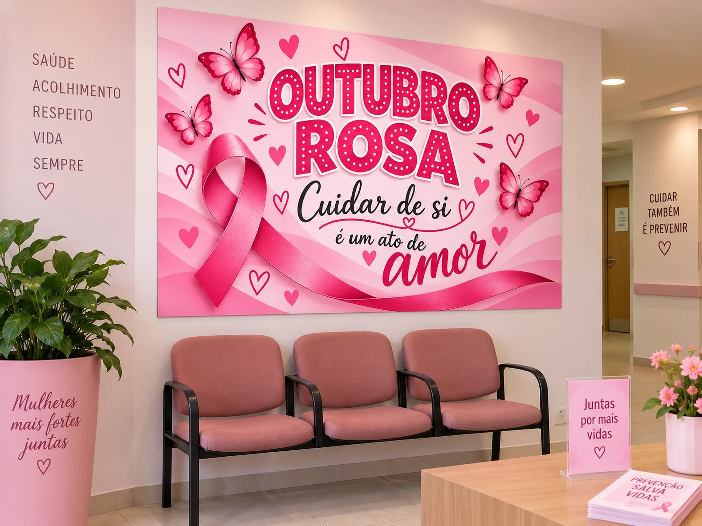 Painel Outubro Rosa montado em parede